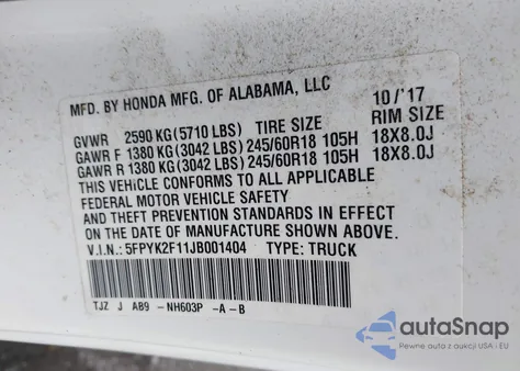 2018 Honda Ridgeline Sport из США, поврежденный, VIN 5FPYK2F11JB001404